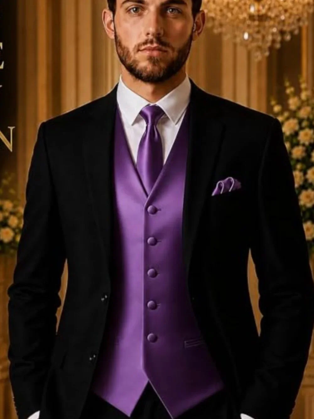 Oliver George 4pc Men's Solid Formal Suit Waistcoat Tuxedo Dress Vest Necktie Bo